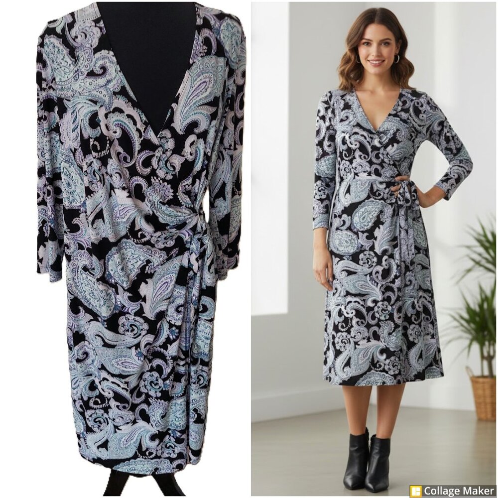 Black Label by Evan Picone wrap dress Sz 16. Polyester